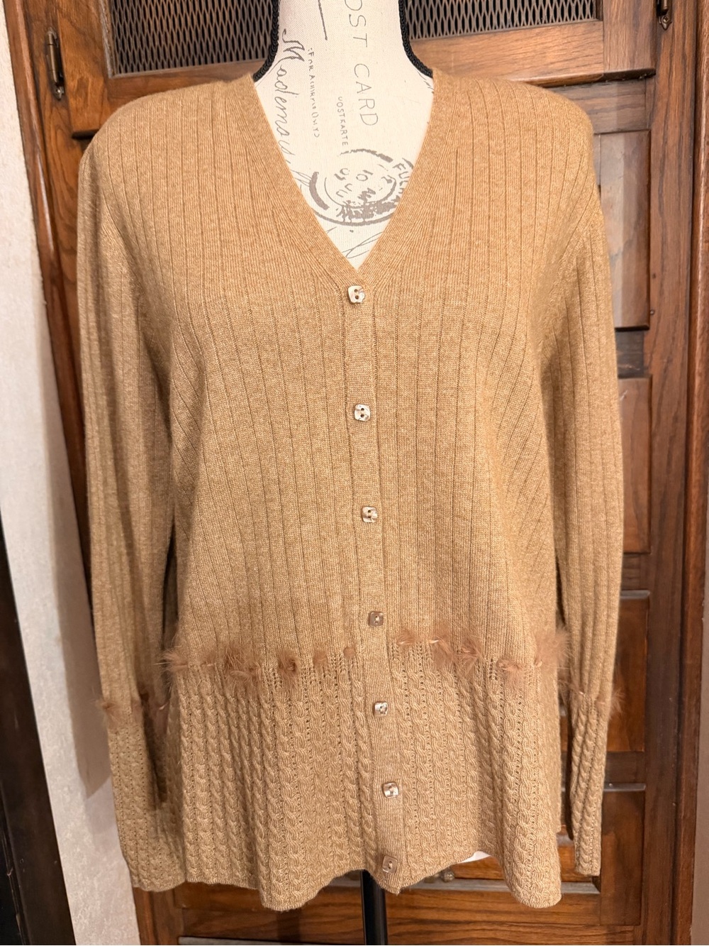 Escada Camel Ribbed V-Neck Button Cardigan
